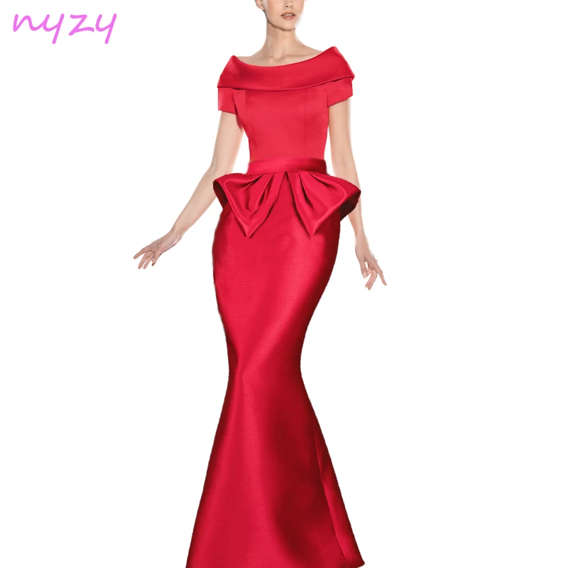 

NYZY C32 Vintage Long Cocktail Dress Red Satin Off Shoulder Mermaid Robe Longue 2019 Wedding Guest Party Evening Formal Gown