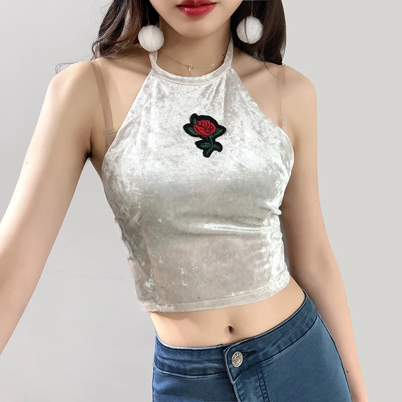 4 Colors Sexy Women Rose Embroidery Velvet 2 Two piece set 2018 New Halter Tank Camis Crop Top with Brief Panties Sets Outfit