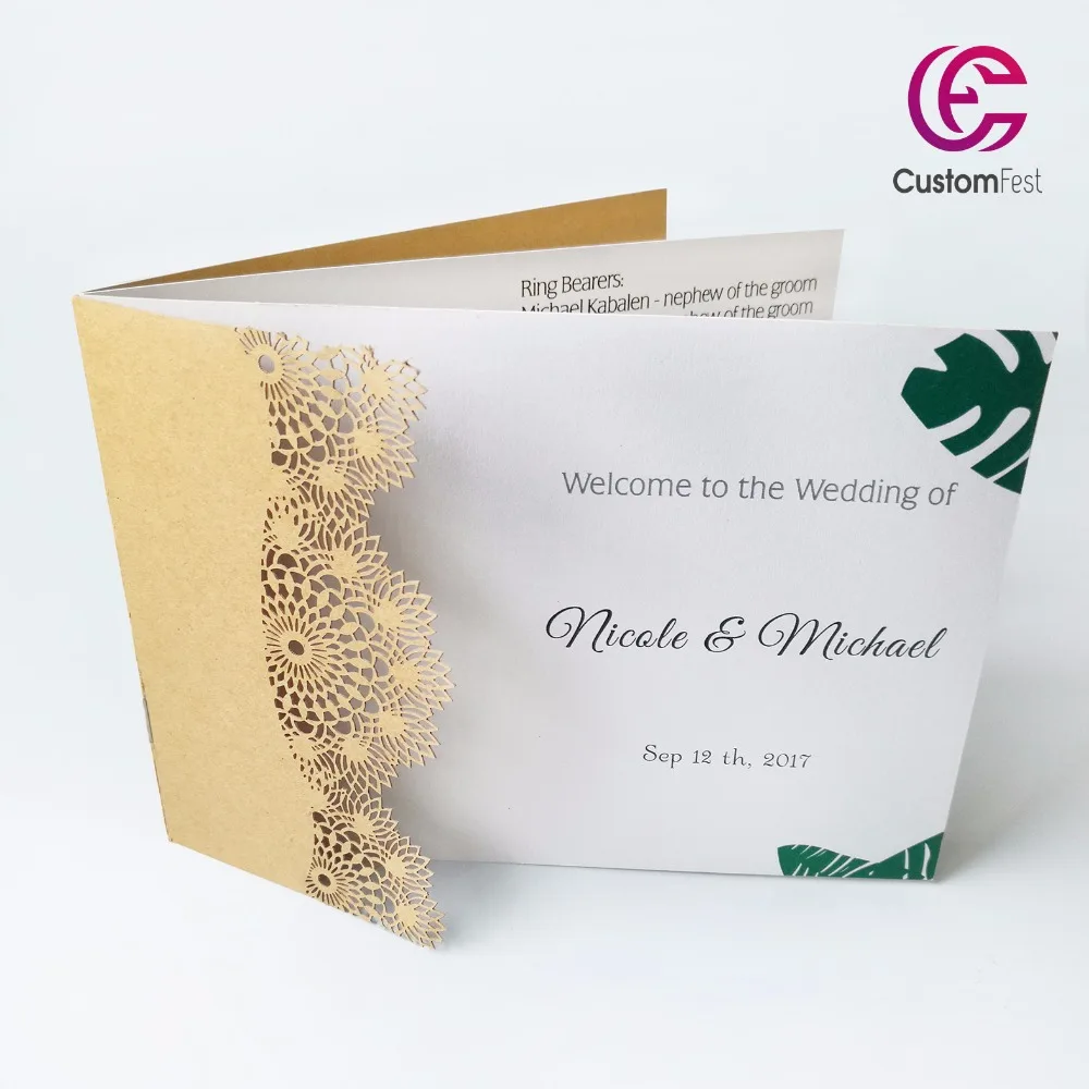 Whole web unique CustomFest Self design 50pcs/set  craft paper rustic theme laser cut invitation or  programe