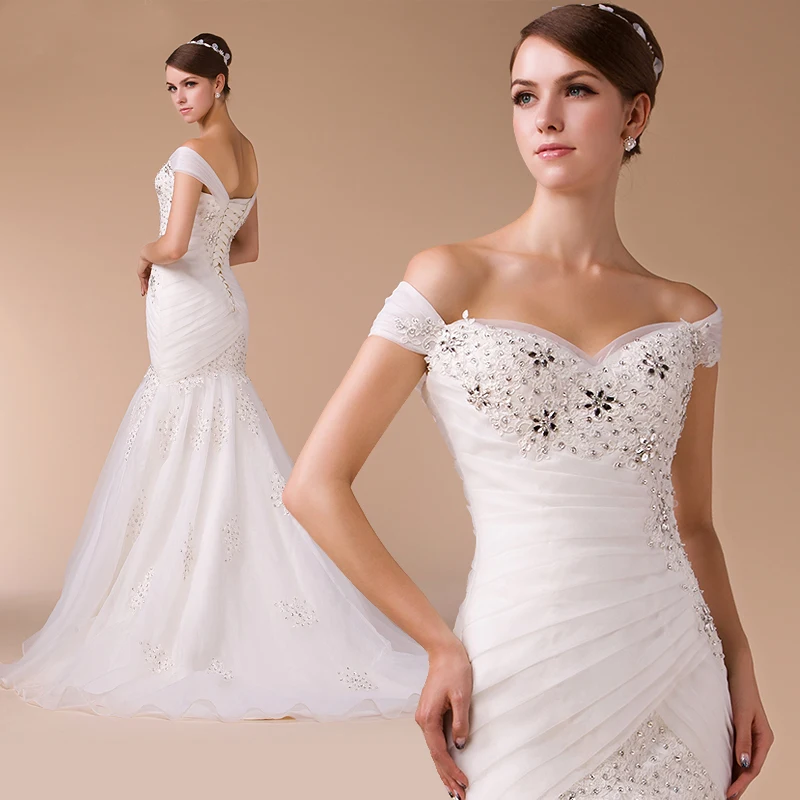 

2016 word shoulder wedding dress was thin V-neck Bra straps trailing word shoulder Slim fishtail lace wedding dress