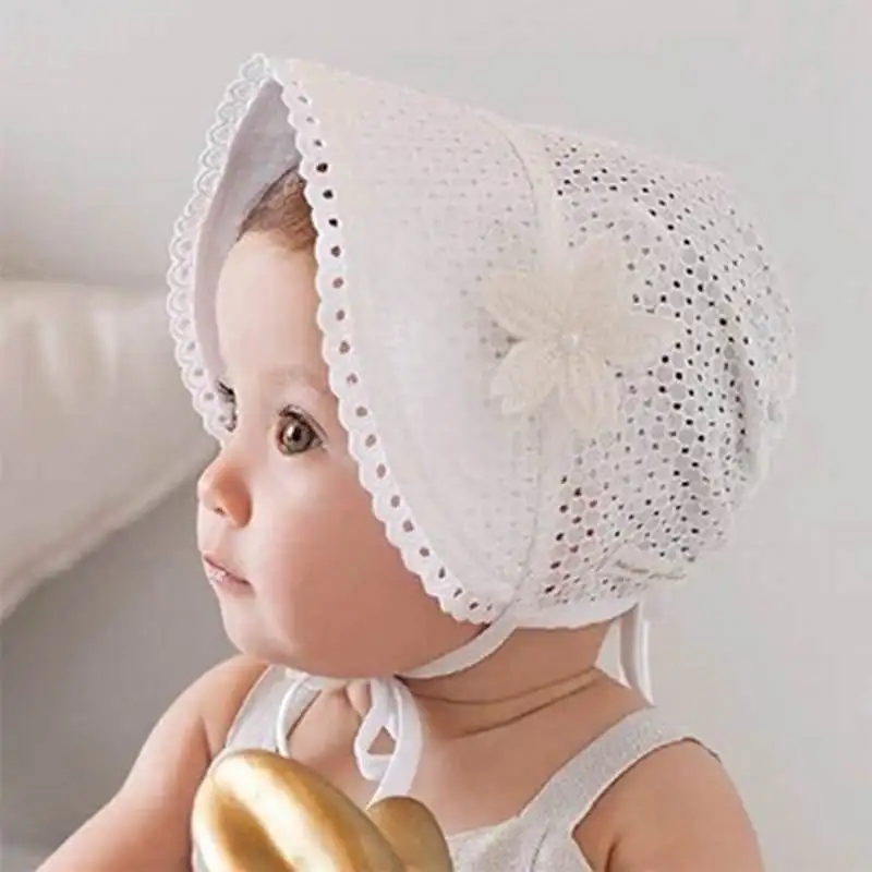 Lace Flower Hollow Baby Cap Summer Cute Princess Baby Girl Hat With Bow Solid Color Infant Toddler Bucket Hat