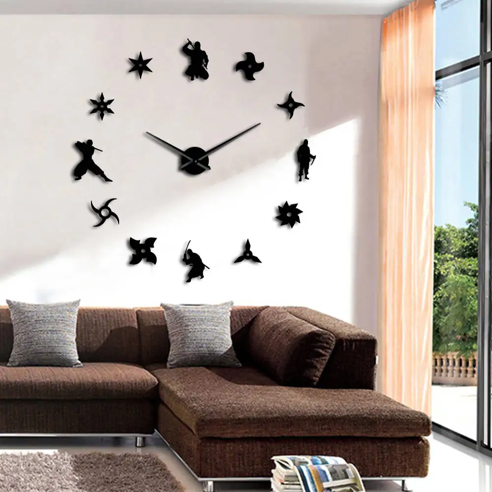 Shinobi Japon Ninja DIY Giant Wall Clock Japanese Fighters Warriors With Throwing Stars Frameless Big Time Clock Mirror Effect