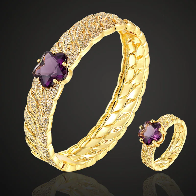 

Zlxgirl purple cubic zircon Flower wedding bangle jewelry sets oval metal copper Bracelets & ring sets For Women couple gift