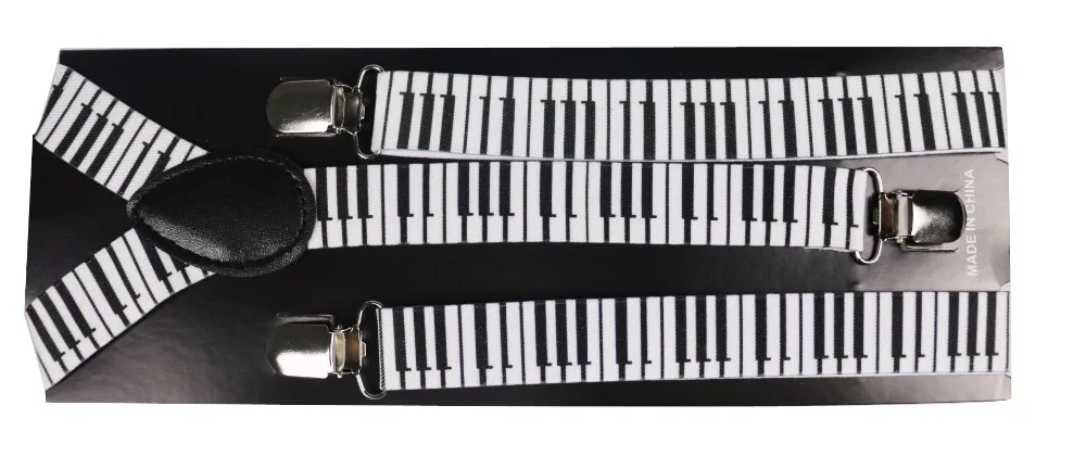 Winfox Unisex Adult Clip-on Suspenders Black White Piano Keyboard Pattern Elastic Y-back Suspenders Braces For Women Men