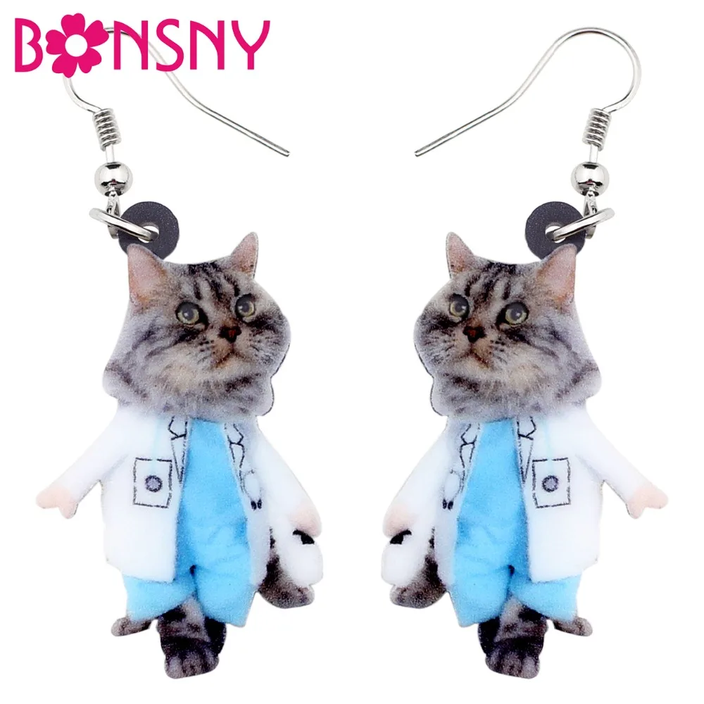 Bonsny Acrylic Fashion Walking Suits Kitten Cat Earrings Big Long Dangle Drop Animal Jewelry For Women Girls Ladies Accessories