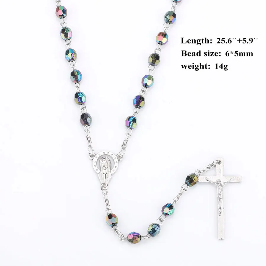 Rosary Necklace Jesus Christ Cross Statement Pendants Necklaces Acrylic Beads Long Chain Colar Religious Party Christian Jewelry