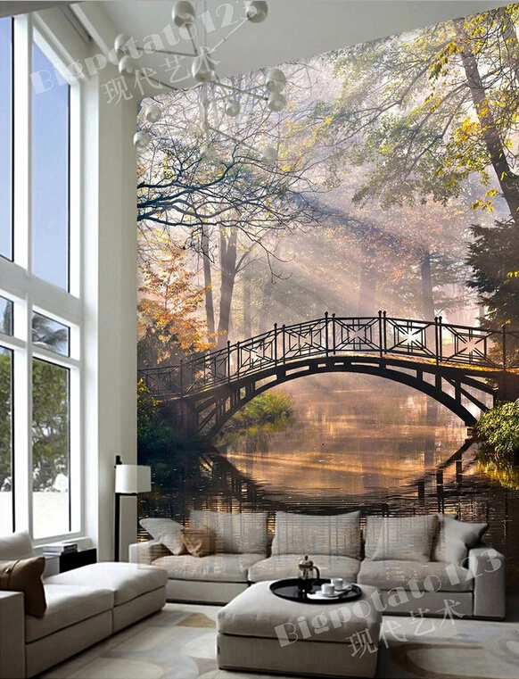 The latest 3D murals,dream sunlight landscape forest park of arch bridge . Living room sofa TV wall children bedroom wallpaper.