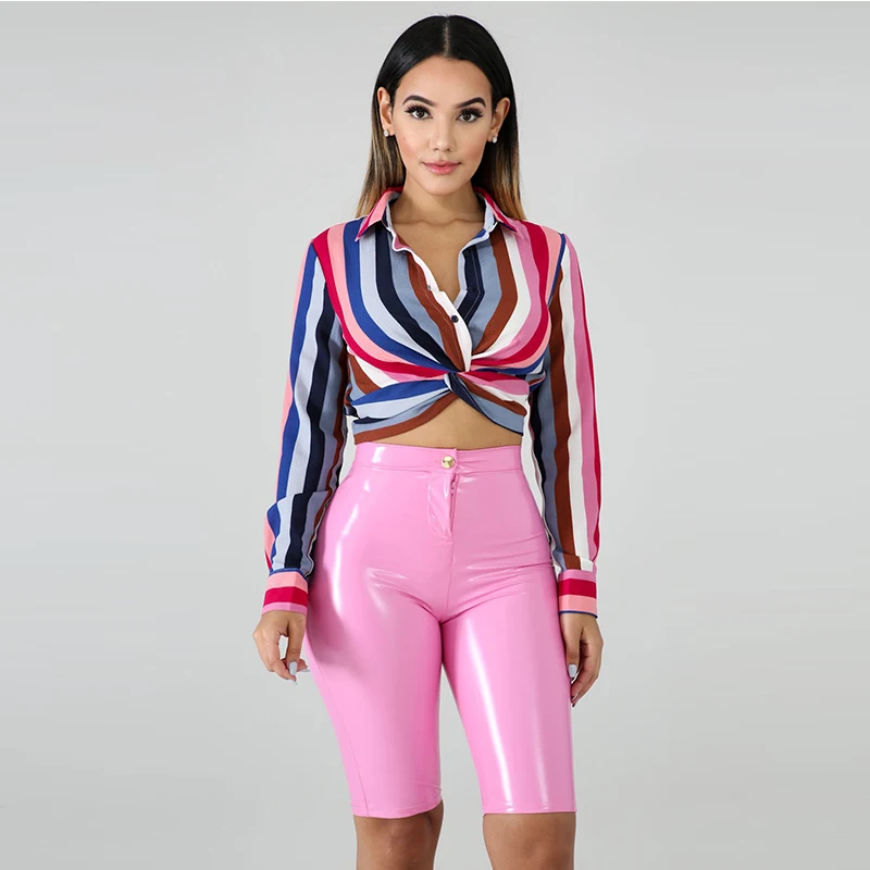 Striped Shirt Womens Tops and Blouses Casual Summer Tunic Vintage Tie Up Long Sleeve Blusas Sexy Crop Blouse Ladies Tops