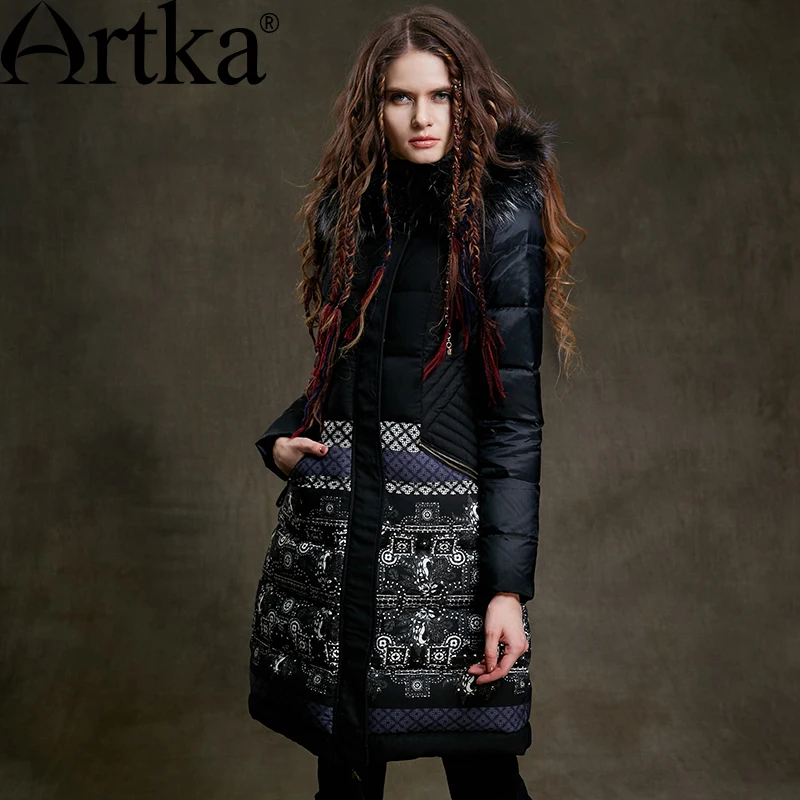 ARTKA Fur Parka Women\'s Winter Jacket With Hood 2018 Black Long Parka Print Ladies Overcoat Luxury Duck Coat For Women ZK15255D