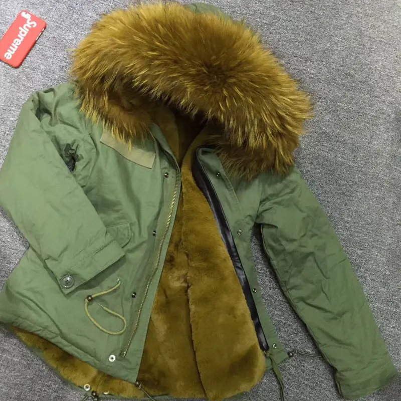 Army Green Short Fur Parka Chartreuse Faux Fur Lining Winter Thick Warm Overcoat Winter Unisex Jacket