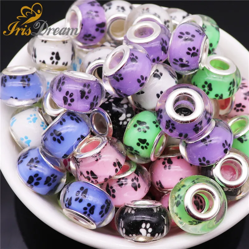 20Pcs Lovely Dog Paws Big Hole Murano Spacer European Beads Fit Pandora Charms Bracelet Chain Necklace Bead for Jewelry Making