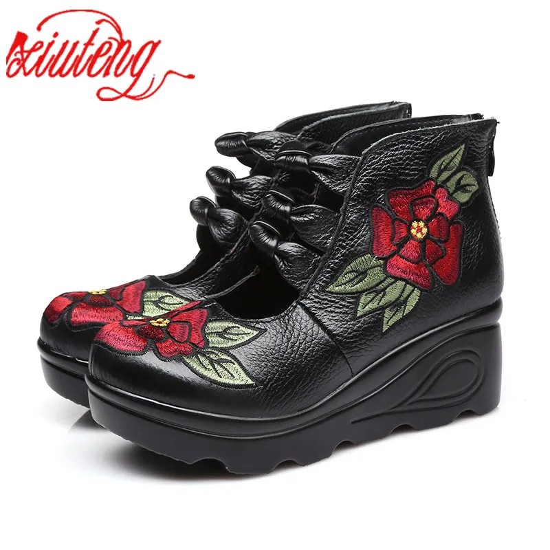 Xiuteng 2022 Women Flower andals Shoes Slope Casual Leather Shoes Fashion  Embroidered Ladies Vintage Waterproof Platform Shoes