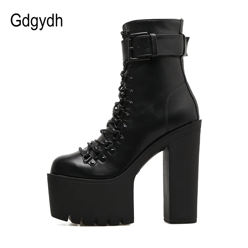 Gdgydh Mode Motorrad Stiefel Frauen Leder Frühling Herbst Metall Schnalle High Heels Schuhe Zipper Schwarz Stiefeletten Frau Schnürung