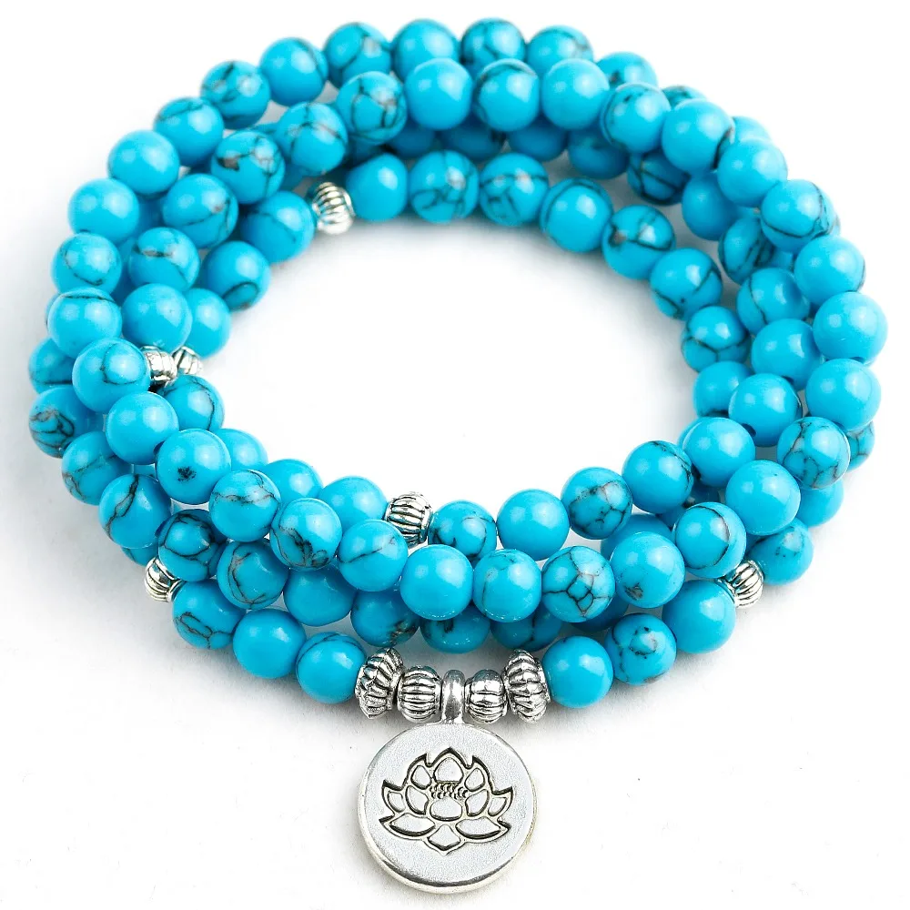 108 Mala Lotus Buddha Tree Charm Women Blue Howlite Jewelry Prayer 6MM Beads Healing Stone Bracelet Men Lucky Gift