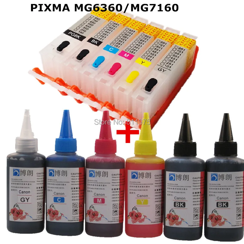 PGI-650  650 651 refillable ink cartridge refill ink kit For CANON pixma PIXMA MG6360 MG7160  printer + 6 Color Dye Ink 100ml