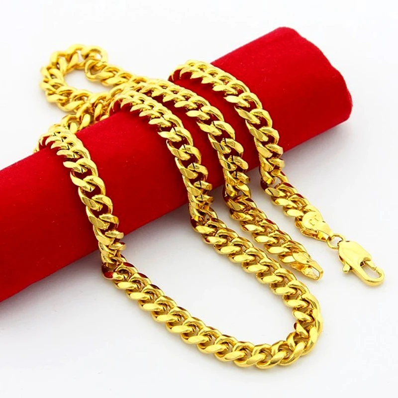 Pure Gold Color Men\'s Chain Necklace Hip Hop Rock Jewelry,24k Gold GP 6mm Wide Cuban Chain Necklace for Men 50CM to 70cm Long