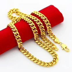 Pure Gold Color Men's Chain Necklace Hip Hop Rock Jewelry,24k Gold GP 6mm Wide Cuban Chain Necklace for Men 50CM to 70cm Long