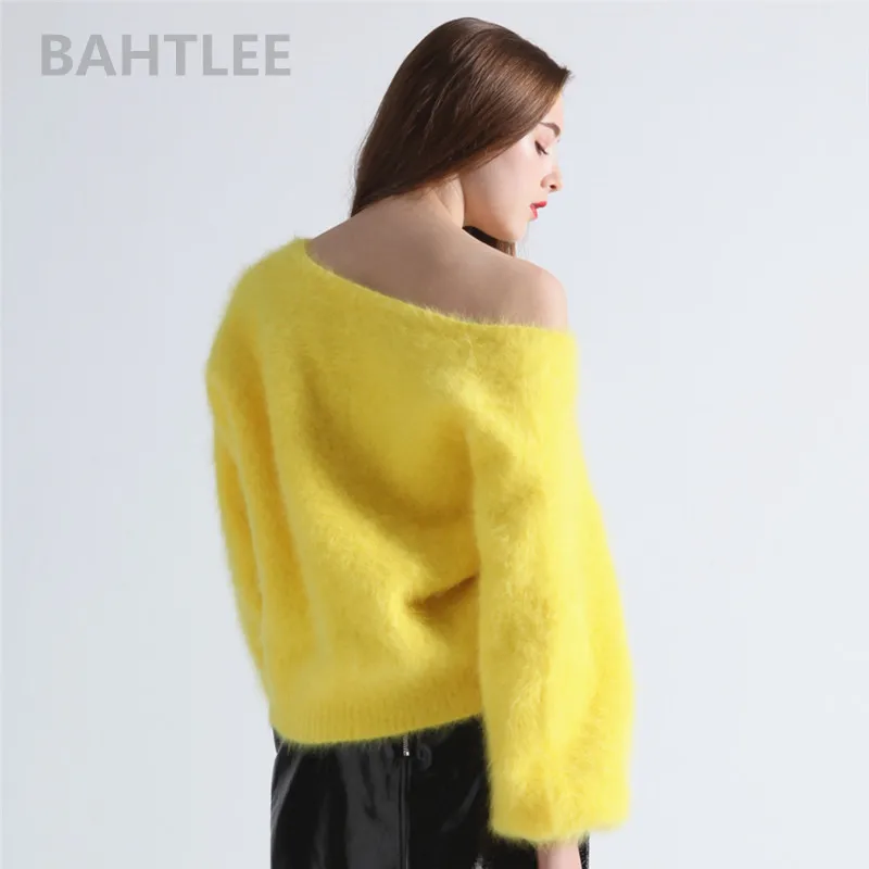 BAHTLEE-Women\'s Angora Rabbit Jumper Sweater, V-Neck, Lantern Sleeve, Wool, Knitted Pullovers, Keep Warm, Thick, Loose, Winter