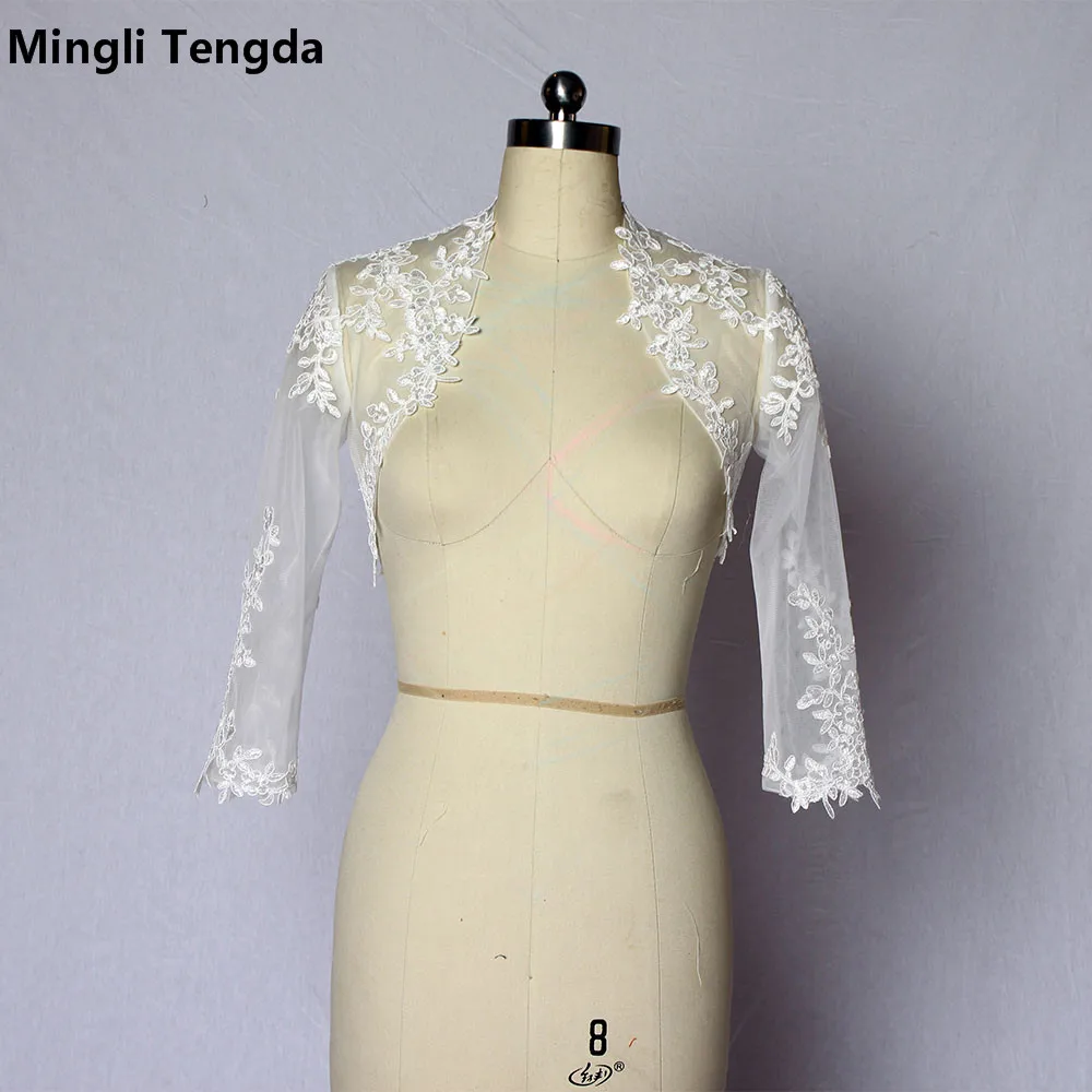 

Mingli Tengda Ivory/White Lace Jacket Bridal Shawl Bridal Bolero Shrug Wrap Wedding Coat Cape 3/4 Sleeve Women Boleros Mariage