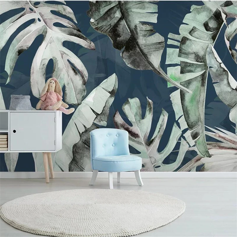 wellyu HD Medieval Hand-painted Tropical Plant Leaves Plantain Background Wall Painting Customized Large Mural Wallpaper