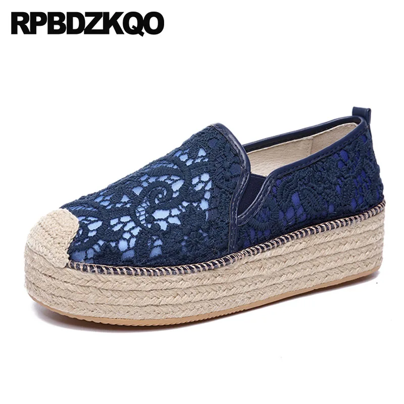 Large Size Creepers Platform Shoes Rope Mesh Women Casual White Lace Elevator Navy Blue Espadrilles Muffin Flats Thick Sole Hemp