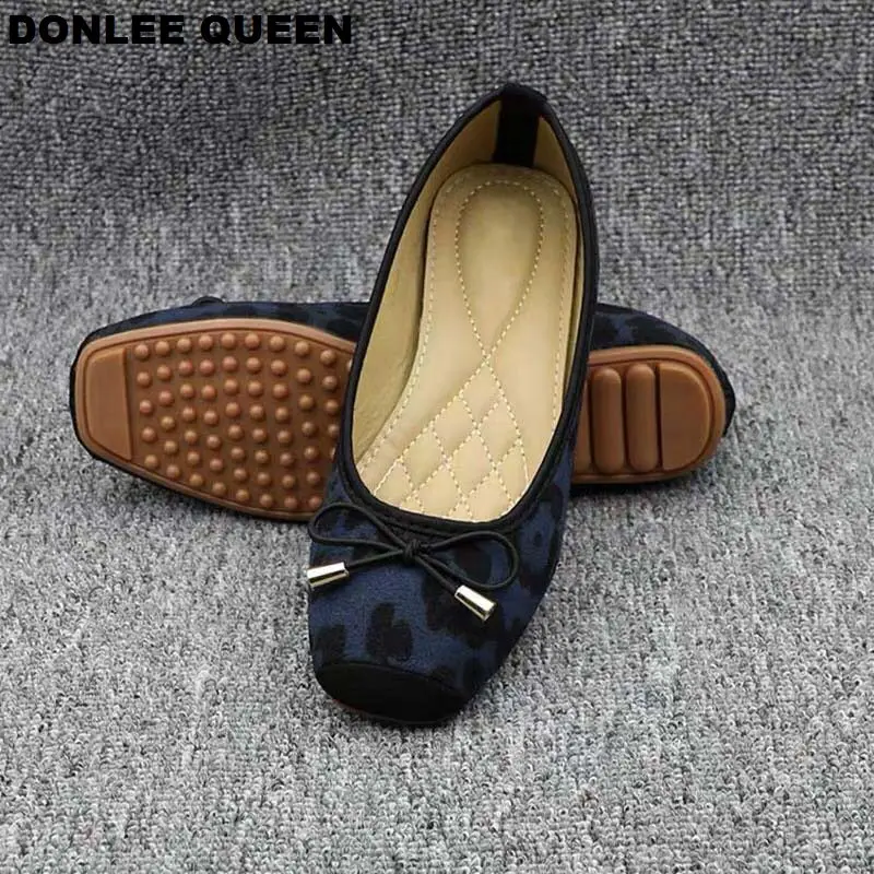 DONLEE QUEEN Women Flats Leopard Square Toe Bow Tie Ballet Shoes Leisure Slip On Ladies Flat Comfortable Footwear Moccasins Shoe