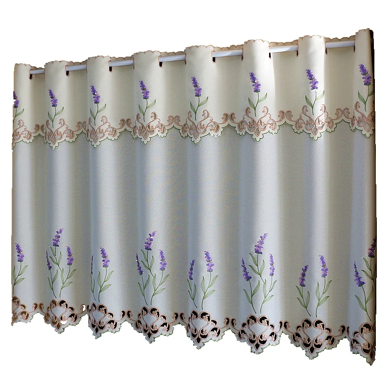 Half-curtain Purple Lavender Flower Embroidery Hollow Lace Hem Coffee Curtain Tulle Curtain for Wedding Kitchen Cabinet Door