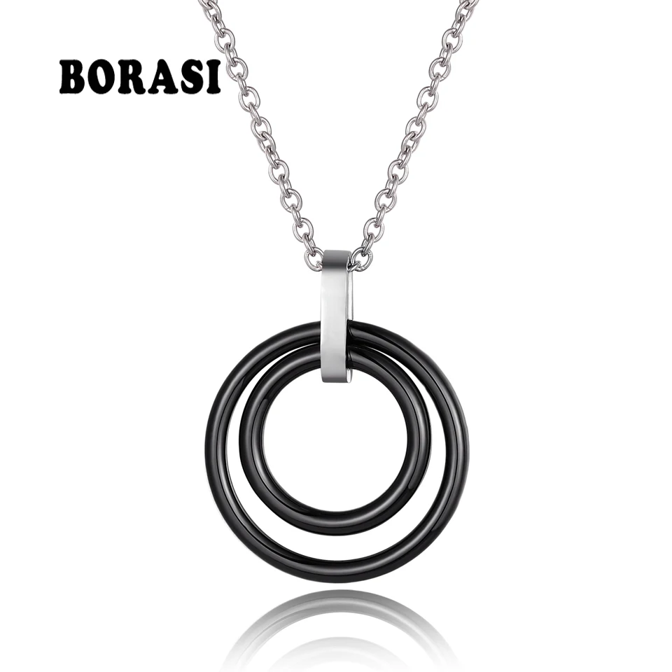 Fashion Black With White Ceramic Double Circle Pendants Necklace Stainless Steel Link Chain Choker Necklace Women Jewelry