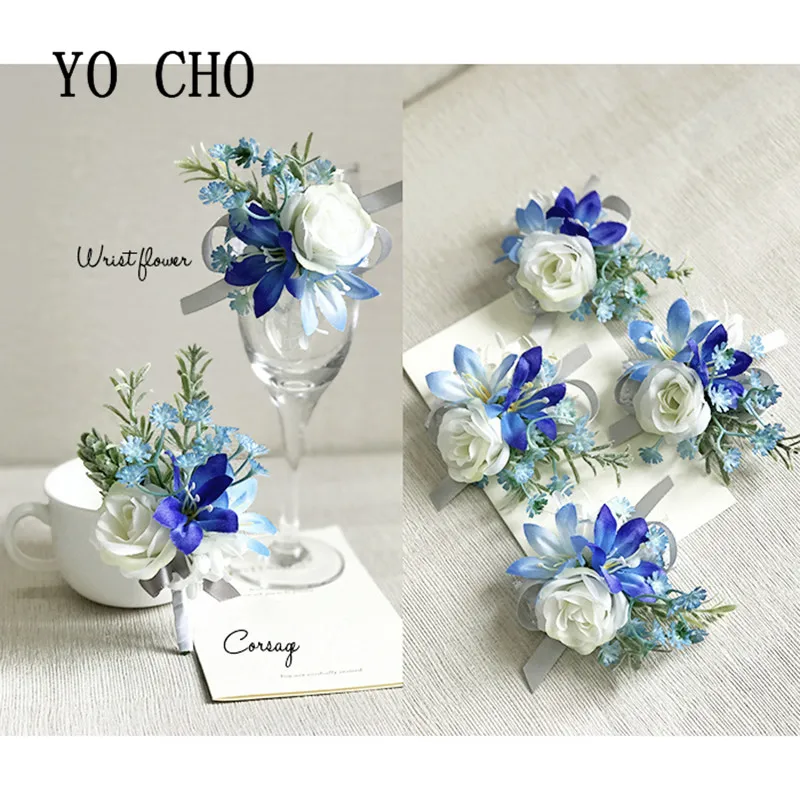 

YO CHO Blue Wrist Corsage Bridesmaid Sisters Hand Flowers Artificial Bride Flowers Wedding Dancing Party Decor Groom Boutonniere