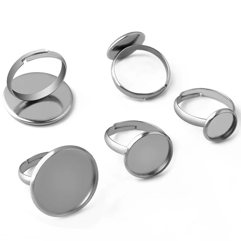 10pcs Silver Stainless Steel Rings Glass Cameo Cabochon Adjustable DIY Ring Setting Base Finding 8/10/12/14/16/20mm