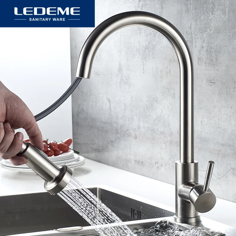 LEDEME Kitchen Faucet 360 Degree Rotation Pull Out Tap Sink Mixer Taps Brushed Stainless Steel Kitchen Faucets L76005-1