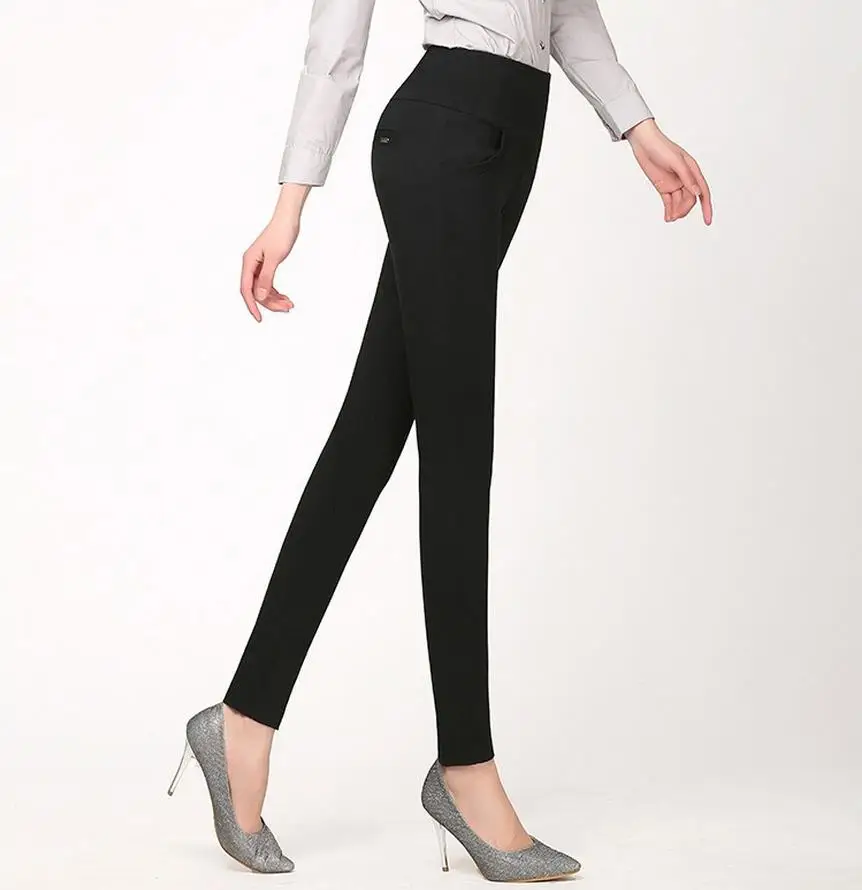 

Sale New women office work pants High stretch cotton ladies pencil pants black blue female High Waist trousers