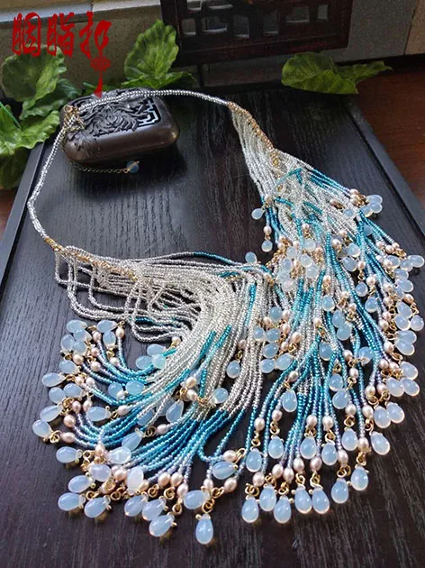 Xiao Xiao Colored Glaze Long Tassel Facial Mask Multi Use also Ancient Chinese Necklace Vintage Original Hanfu Cos Accessory