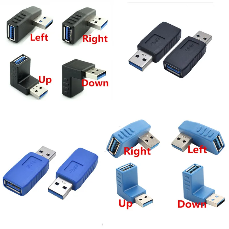 90 Degree Vertical Left & Right &  Up & Down Angled USB 3.0 Male to A Female M/F Adapter Connector Converter Black and blue