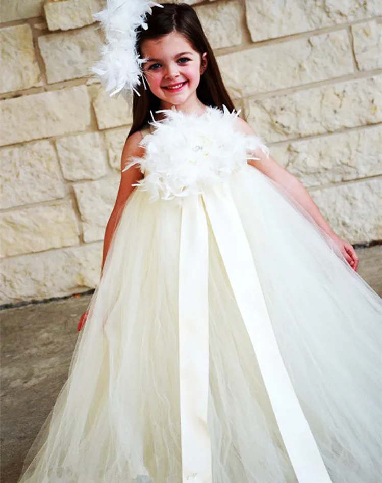 Vestido de tutú de plumas para niñas, vestido de tul de ganchillo con lazo de cinta grande y Diadema de flores, vestido de princesa para niños, novedad