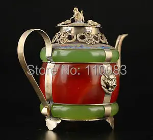 Vintage Handwork Teapot For Chinese Oriental Collectible Decorated Handwork Tibet Silver Cloisonne Jade Teapot Antique Wholesale