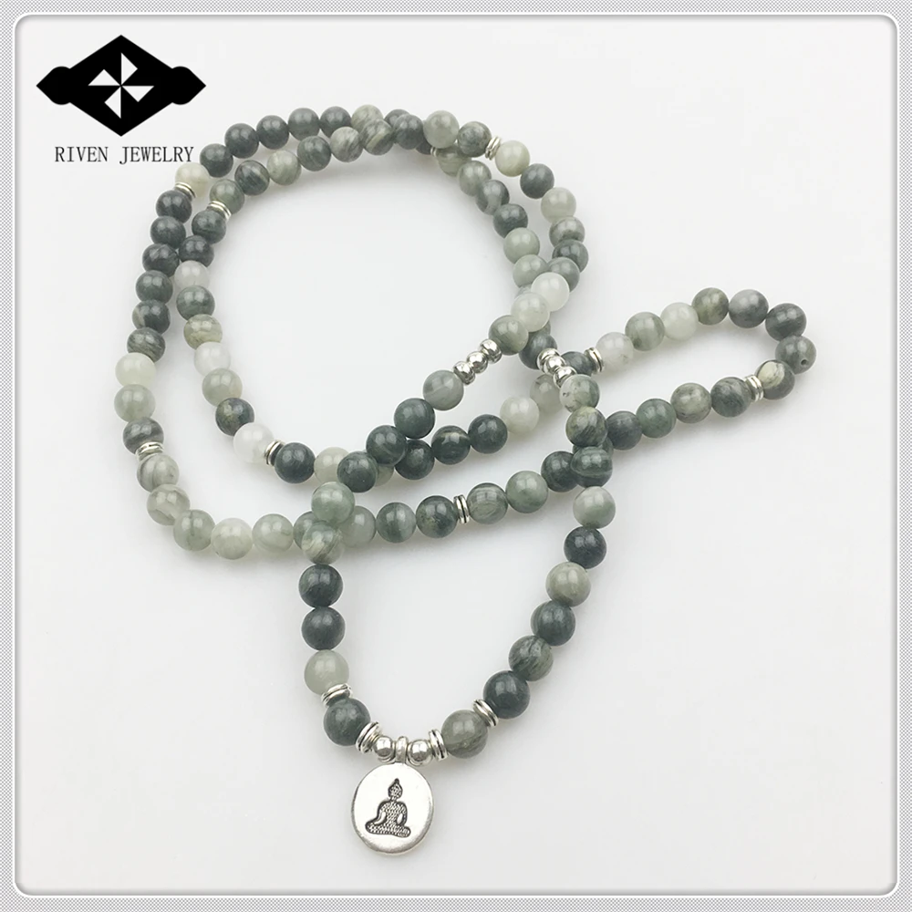 SN1168 Fashion  Women`s 108  Mala Bracelet Green Hair Stone Yoga Necklace Natural Stone Meditation Spiritual Jewelry For Women