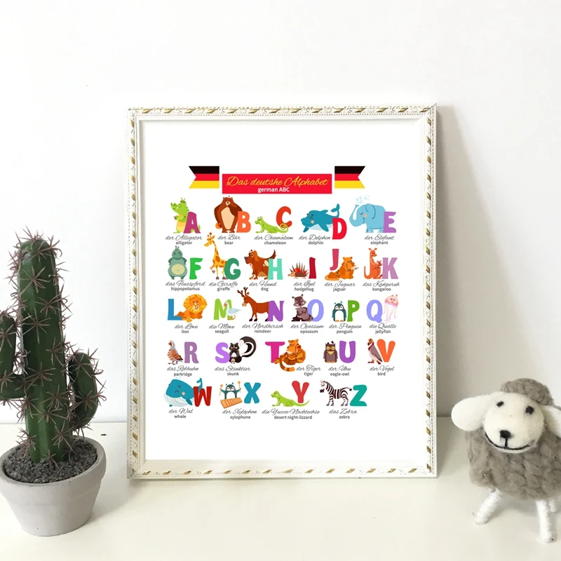 German Alphabet with Animals Nursery Wall Art Canvas Painting Education Poster Foreign Language Study Print Kids Room Art Decor