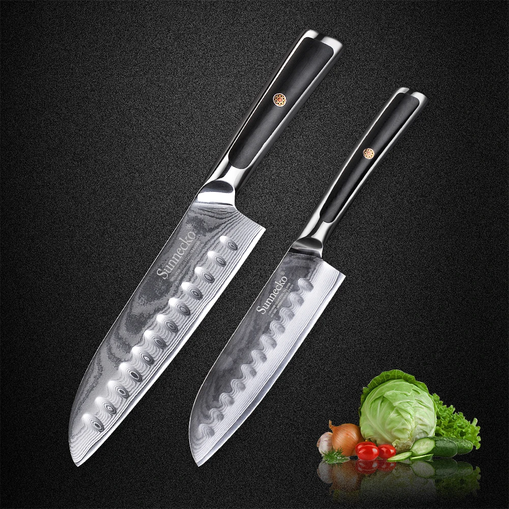 

SUNNECKO 2pcs Damascus Steel Santoku Kitchen Knives Set 73 Layers Japanese VG10 Fishing Fillet Meat Cutting Slicing Kitchen Tool