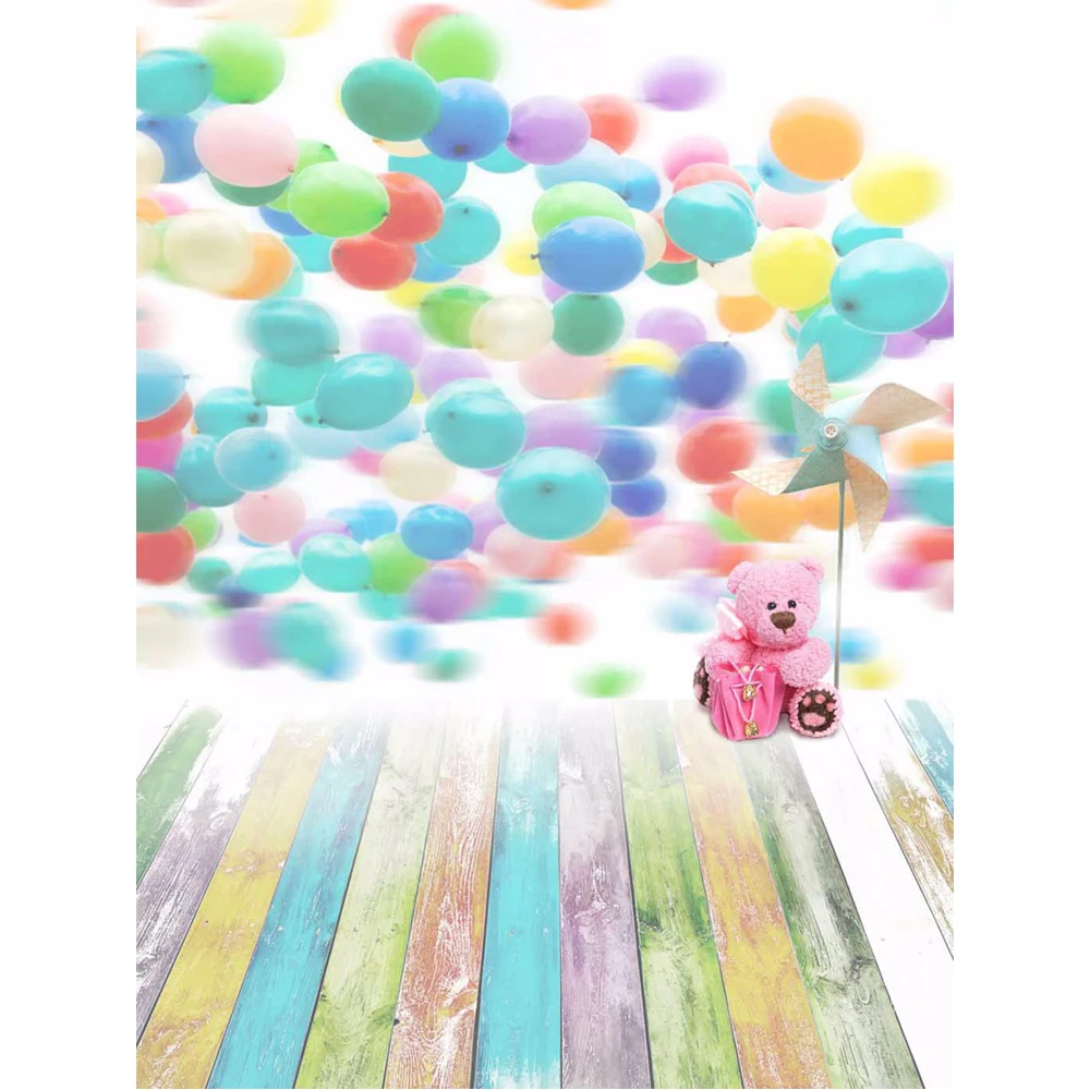 

Colorful Balloons Photography Backdrop Vinyl Printed Pink Toy Bear Windmill Baby Kids Birthday Party Photo Background Wood Floor