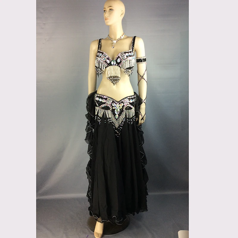 Costume di danza del ventre di alta qualità indossare spettacoli teatrali abito a 5 pezzi con paillettes in rilievo reggiseno gonna gonna Set gonna