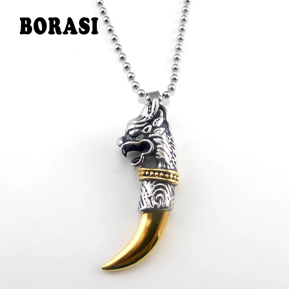 Men\' Jewelry Antique Silver Color Tribal Stark Wolf Fang Tooth Pendant Necklace Vintage Wolf Dragon Titanium Pendant Necklace