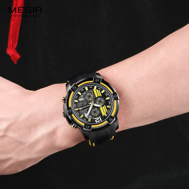 Megir-Reloj deportivo de cuarzo para hombre, cronógrafo amarillo con correa de silicona negra, manecillas luminosas, impermeable 3 atmósferas,