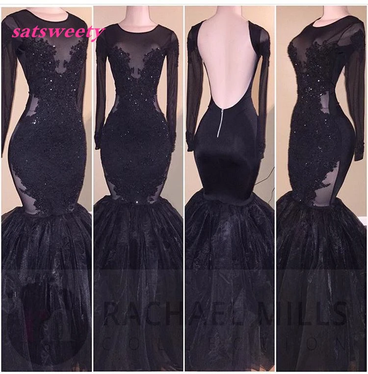 Sexy Black Mermaid Bridesmaid Dresses Sheer Neck with Vintage Lace Court Train Backless Pageant Party Gown Prom Dress