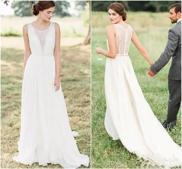 Vestidos de Novia de playa, línea A Simple, cuello transparente, sin mangas, gasa de encaje hasta el suelo, Vestidos de Novia de campo