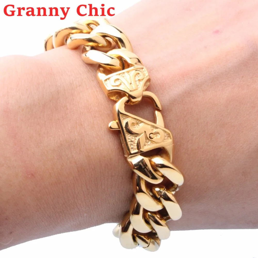 Granny Chic High Quality Jewelry Men Silver Rose Gold Black Color Cuban Link Chain Stainless Steel Bracelet for Bangle Accessory