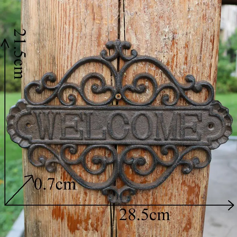 Vintage Hollow Wall Decor Cast Iron Welcome Plaque Signs European Retro Handmade Rustic Home Garden Wall Decor Metal Plate
