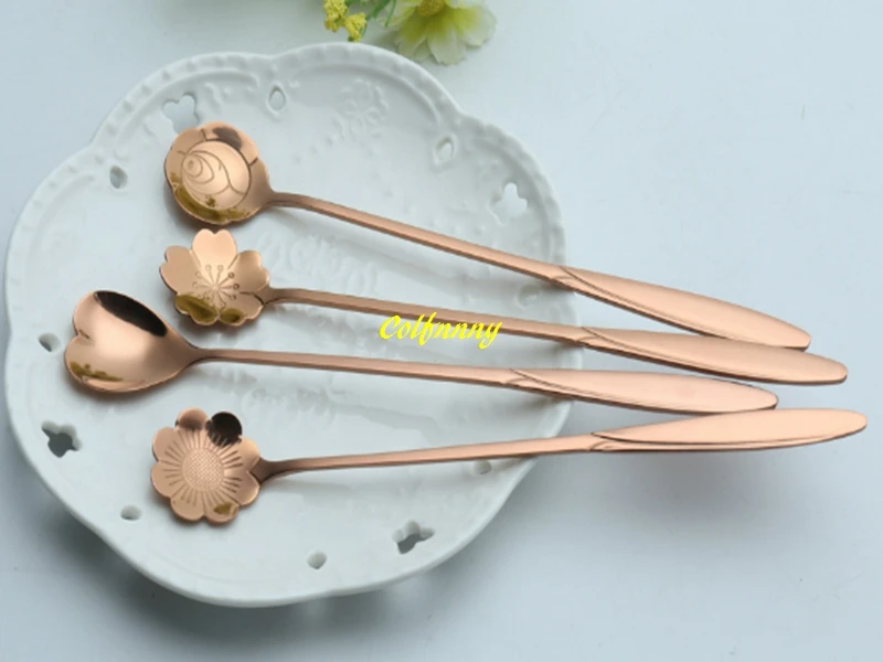 

1000pcs/lot Fast shipping 18cm long handle Stainless Steel Spoon Flowers heart shape Coffee Spoon Tea Spoons