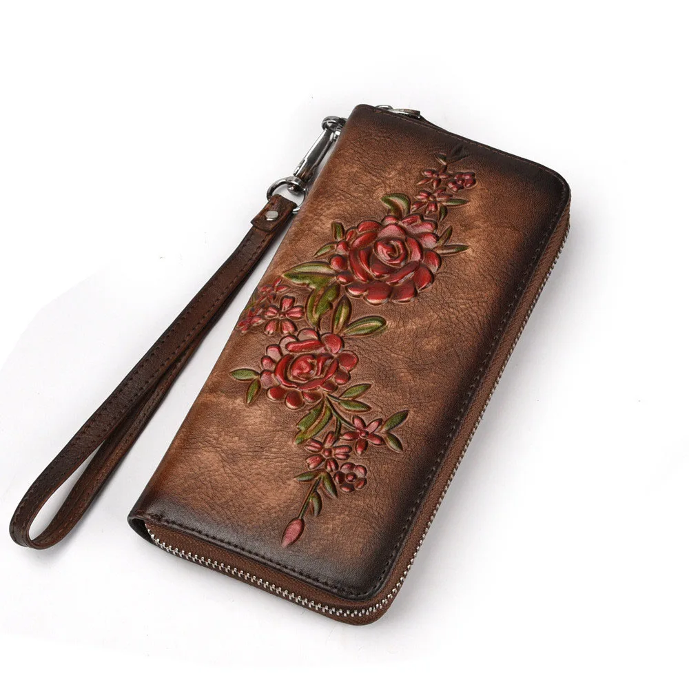 

BENVICHED Fashion Women Wallet Genuine Leather Luxury Long Clutch Handy Bag Printing Floral Female Card Purse Money Clips D186