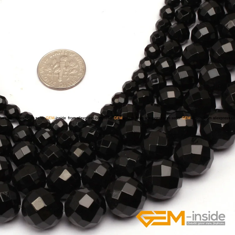 Round Faceted(32 Faces) AA Grade Black Agates Natural Stone DIY Beads For Jewelry Making Strand 15Inches